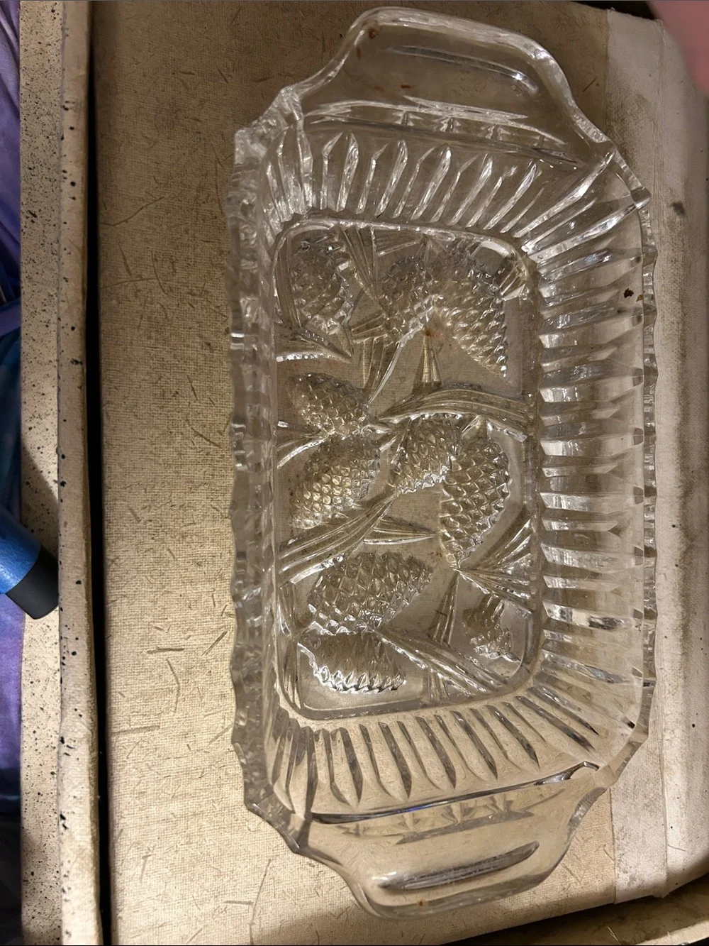 1970’s Russian Clear Rectangular Crystal. Serving tray with handles & Pine Cones